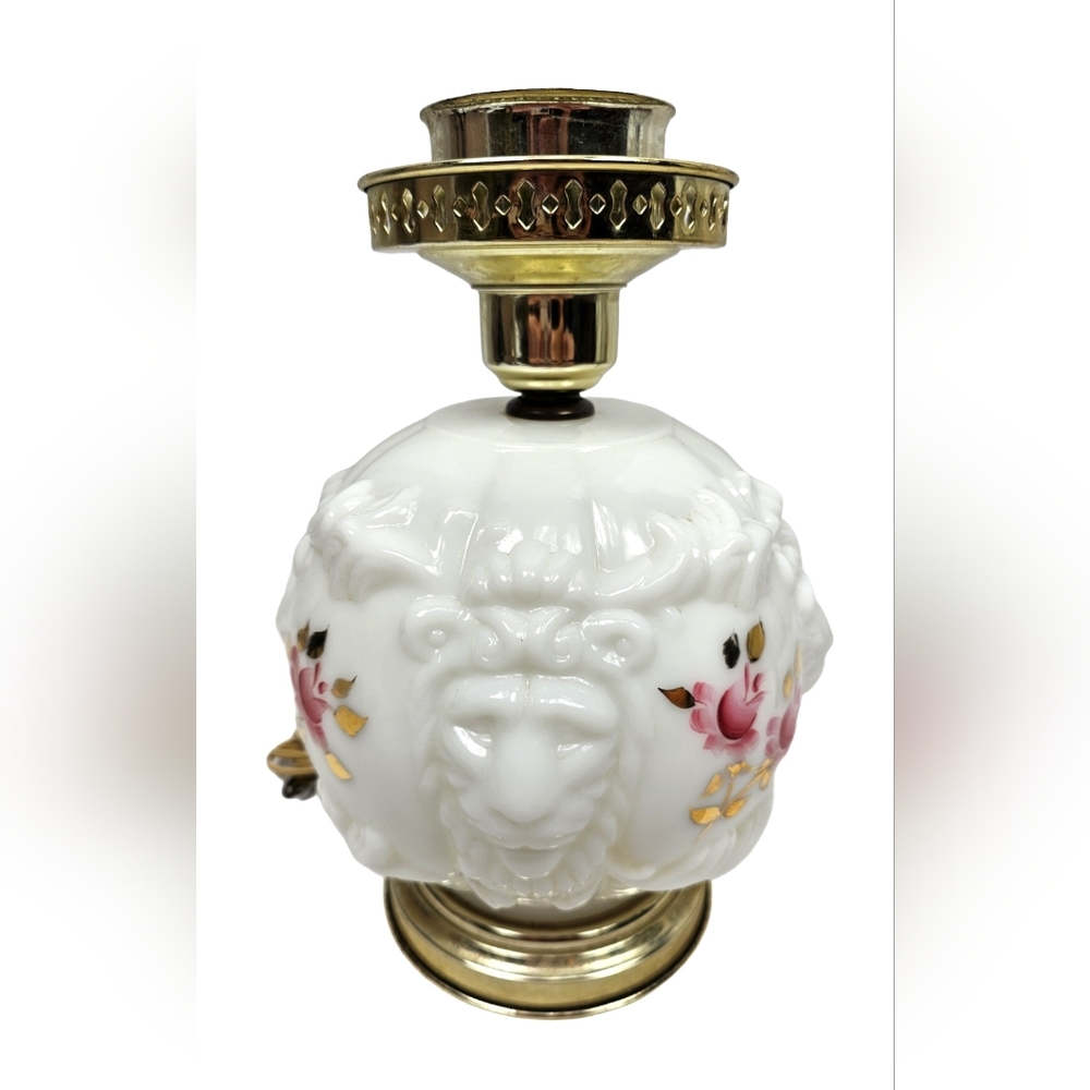 Vintage Puffy Lion Head Cabbage Glass 12" Lamp Base Only Handpainted Rose